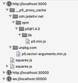 Developer console source list, with the proxy cache